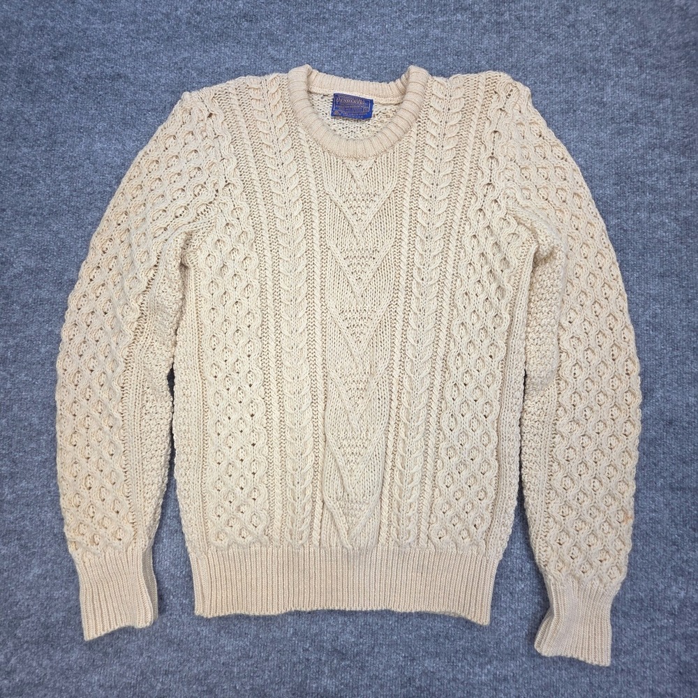 Vintage Pendleton Virgin Wool Fisherman Sweater XL Ivory *SHRUNK TO SMALL*
